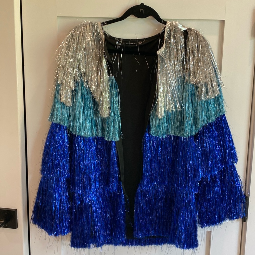 Nasty Gal Silver, Teal & Blue Fringe Tinsel Jacket